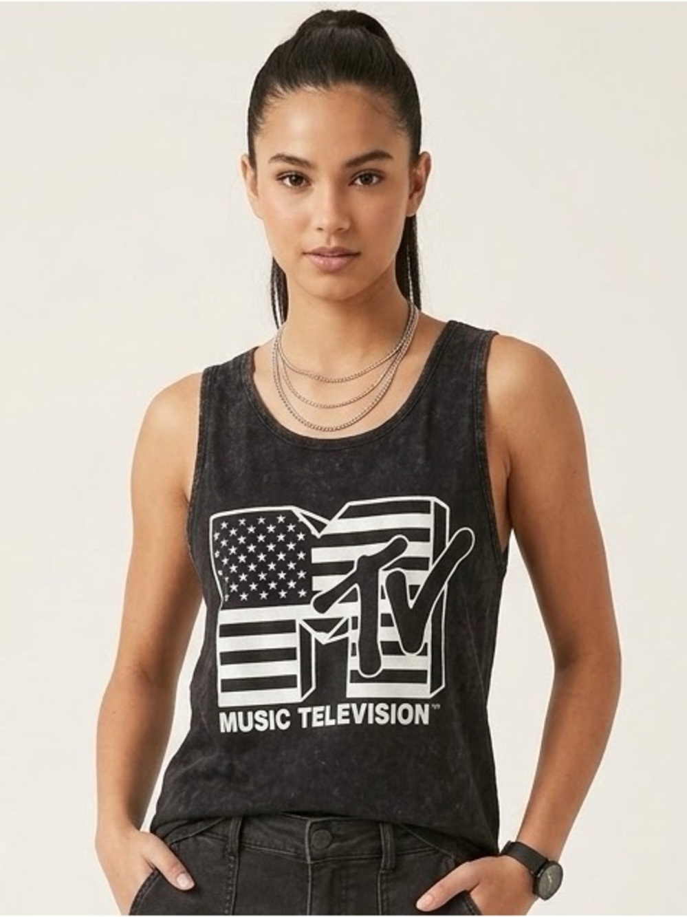 Recycled Karma Black MTV Graphic Distressed Tank
